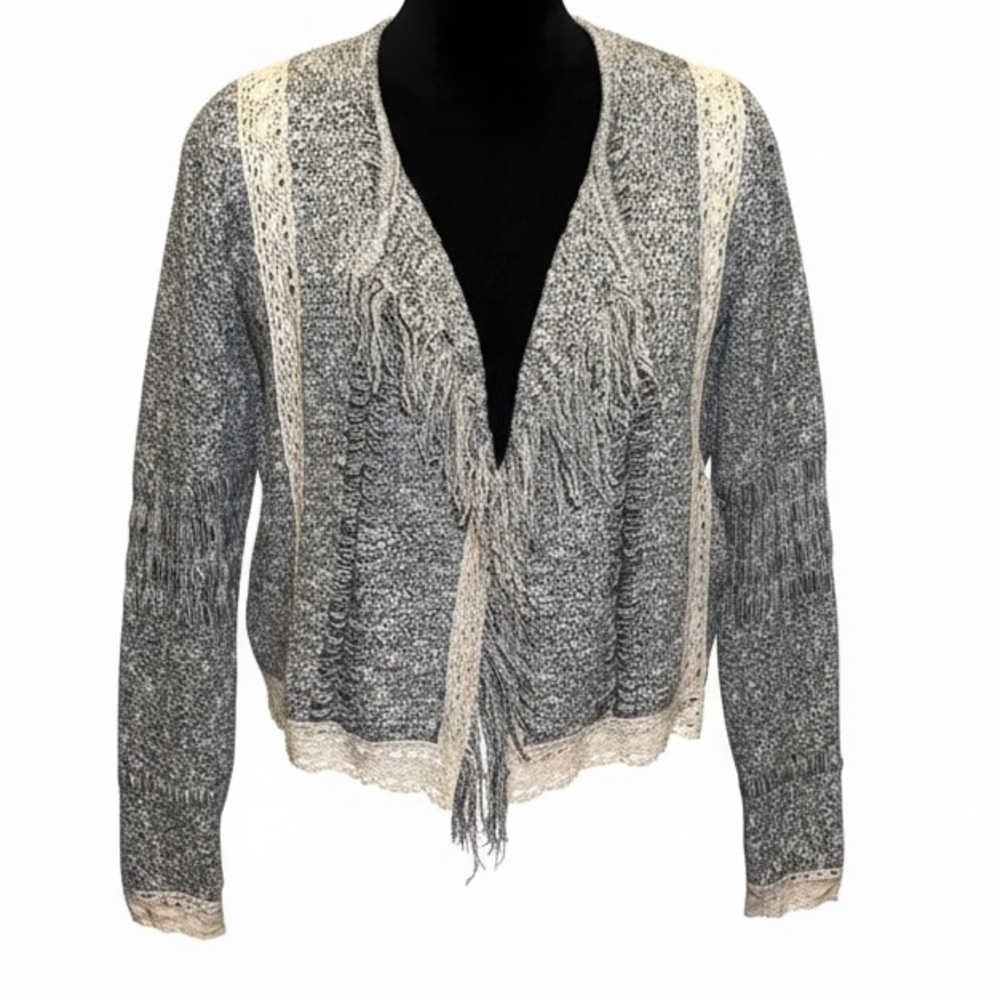 Chico’s ivory black fringe cropped open cardigan sweater jacket cover up Sz S